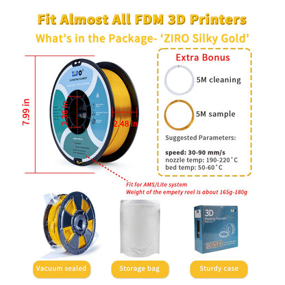 ZIRO PLA Silk Filament 1.75mm, 3D Printer Filament PLA Silky Series 1.75mm 1KG(2.2lbs), Dimensional Accuracy +/- 0.03mm, Gold