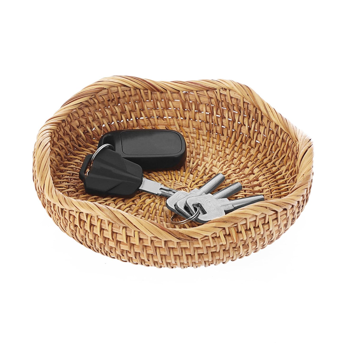Hipiwe Round Key Basket Bowl for Entryway 7.3" Natural Rattan Fruit Bowl Woven Wicker Basket Serving Tray Rattan Organizer Decorative Baskets for Kitchen Counter Bedside Living Room