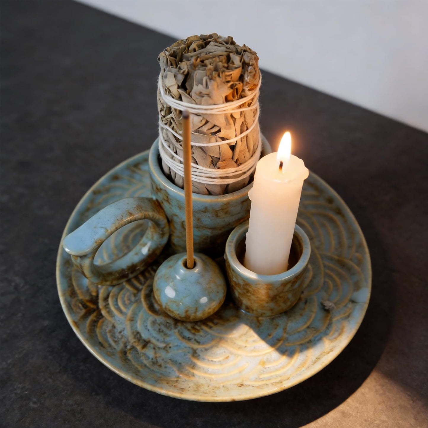 Tnstbiee 4-in-1Blue Ceramic Palo Santo Burner Holder - Small Incense Burner & Smudge Tray Bowl for Incense Sticks/Cones & Sage - Ideal for Meditation Rooms,Zen and Aromatic Scents - Matches Compatible