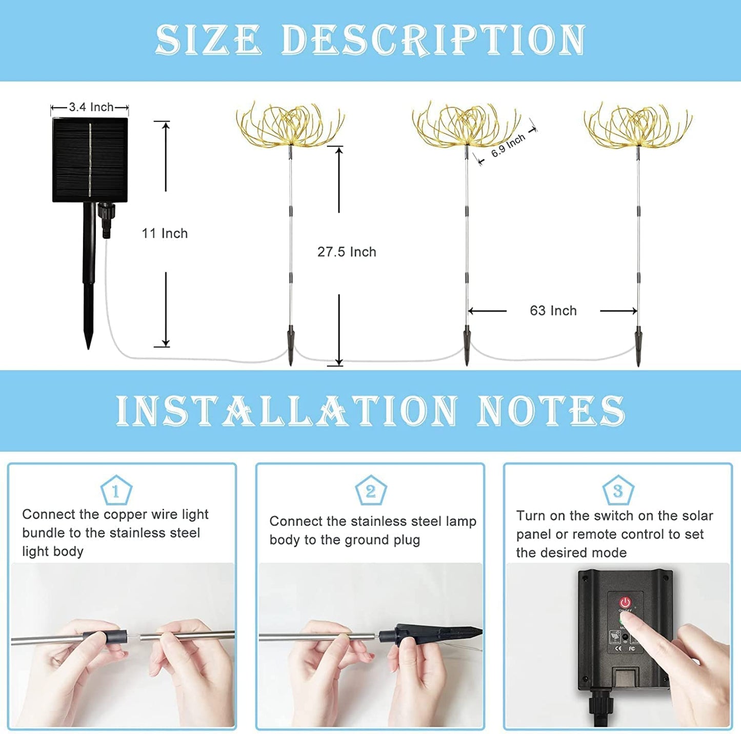 Solar Garden Lights Outdoor 3 Pcs Solar Fireworks Garden Lights Solar Lamp with Remote Control 8 Modes 120 LEDs Waterproof Outdoor Lamp Garden Lights Lawn Backyard Flower Boxes Pathway