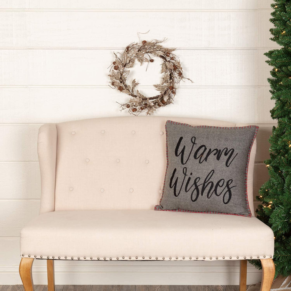 VHC Brands Anderson Warm Wishes Text Textured Felt Rustic Christmas Decor Embroidered Whipstitch Square 18x18 Filled Pillow, Cherry Red