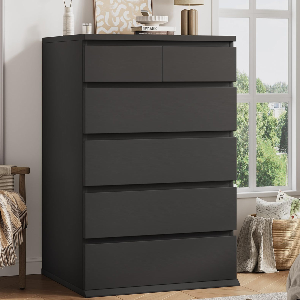 Jocoevol Black Tall 6 Drawer Dresser for Bedroom,Dressers & Chests of Drawers with Jewelry Storage,Wood Storage Dresser with Deep Drawers for Living Room Hallway Entryway(40.75" L*23.62" W*15.75")