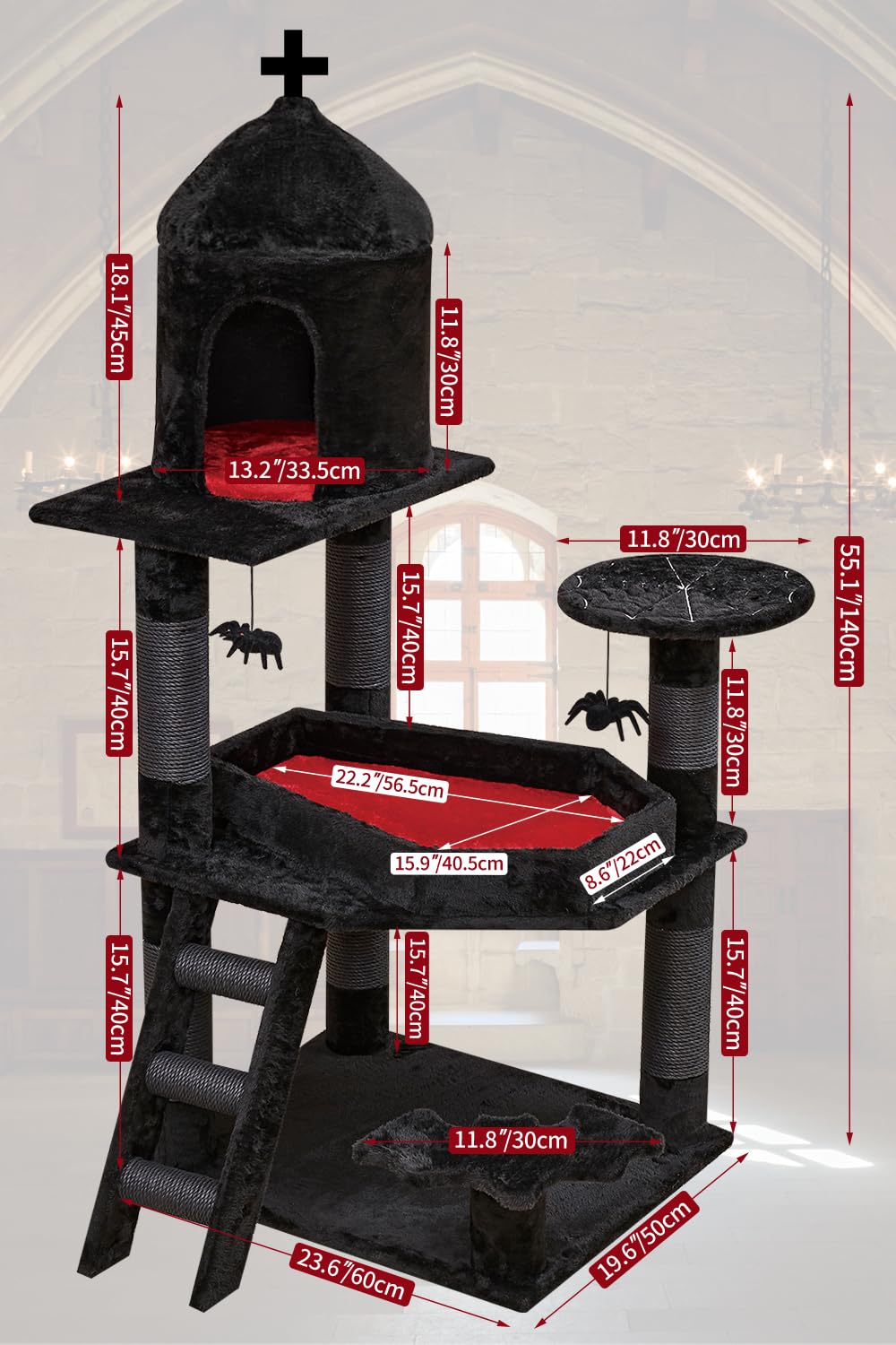 YARUOMY Gothic Cat Tree with Coffin Bed，55" Cat Tower with Spacious Cat Condo，Scratching Posts，Spider Hanging Ball，Multi-Level Cat Activities Furniture for Large Cats, Black Halloween