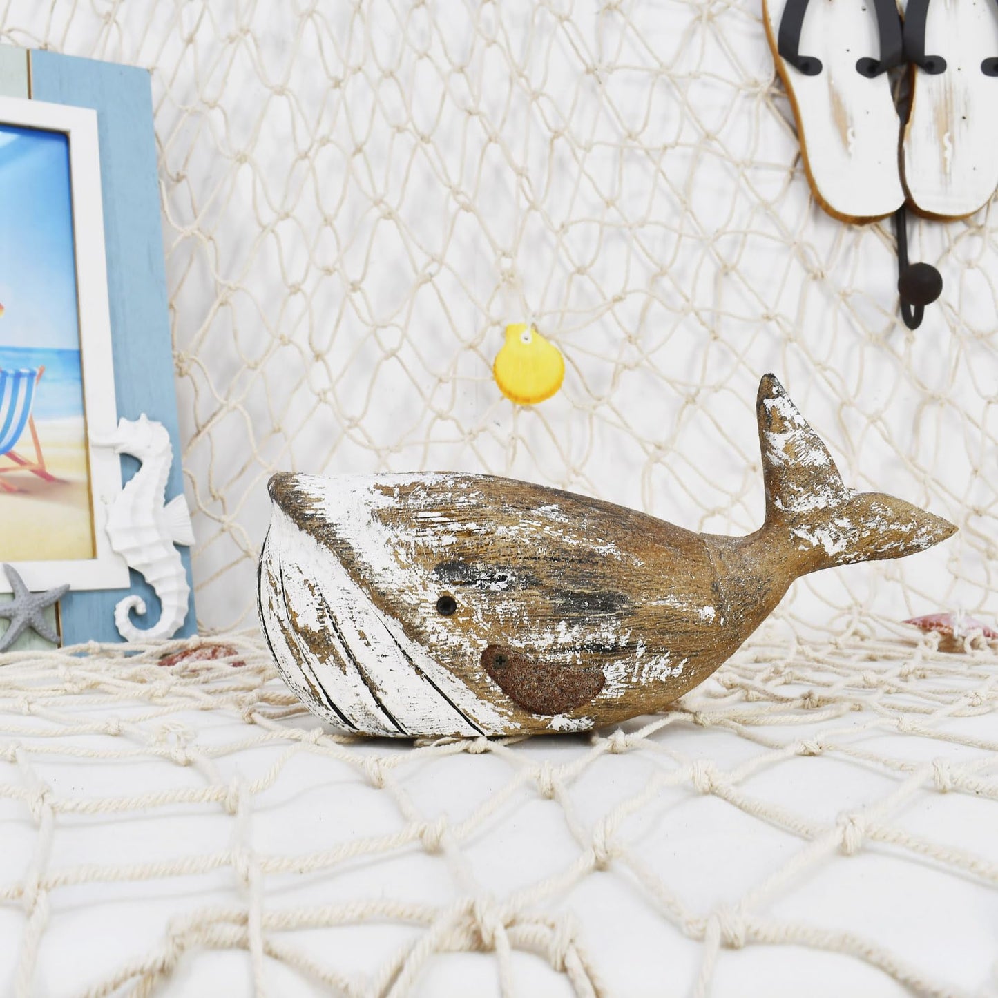 K KILIPES Wood Whale Statue Beach Table Decor for Home, 4.9" H Rustic Hand Carved Wood Sculpture Whale Figurine Coastal Centerpiece Nautical Ocean Decorations