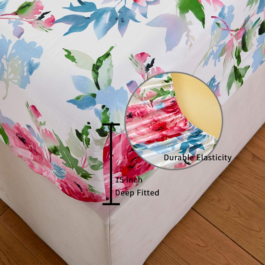 JSD Watercolor Rose Floral Sheet Set King Size, 4 Piece Soft Printed Microfiber Sheets Extra Deep Pocket