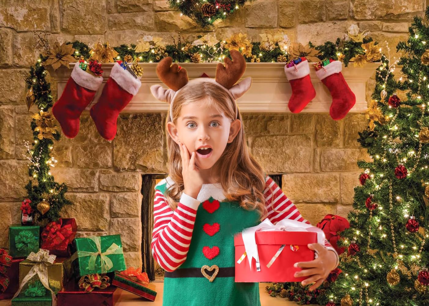 CYLYH 7x5ft Christmas Backdrops Christmas Fireplace Theme Backdrop Tree Sock Decorations for Xmas Party Supplies Photo Background Pictures Banner