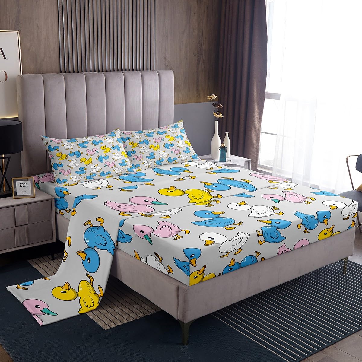 Erosebridal Cartoon Duck Bed Sheets for Kids Boys Girls,Colorful Lovely Duck Sheet Set,Cute Hand Drawn Goose Bedding Set Full,Lovely Farmhouse Animal Fitted Sheet + Flat Sheet + 2 Pillow Shams