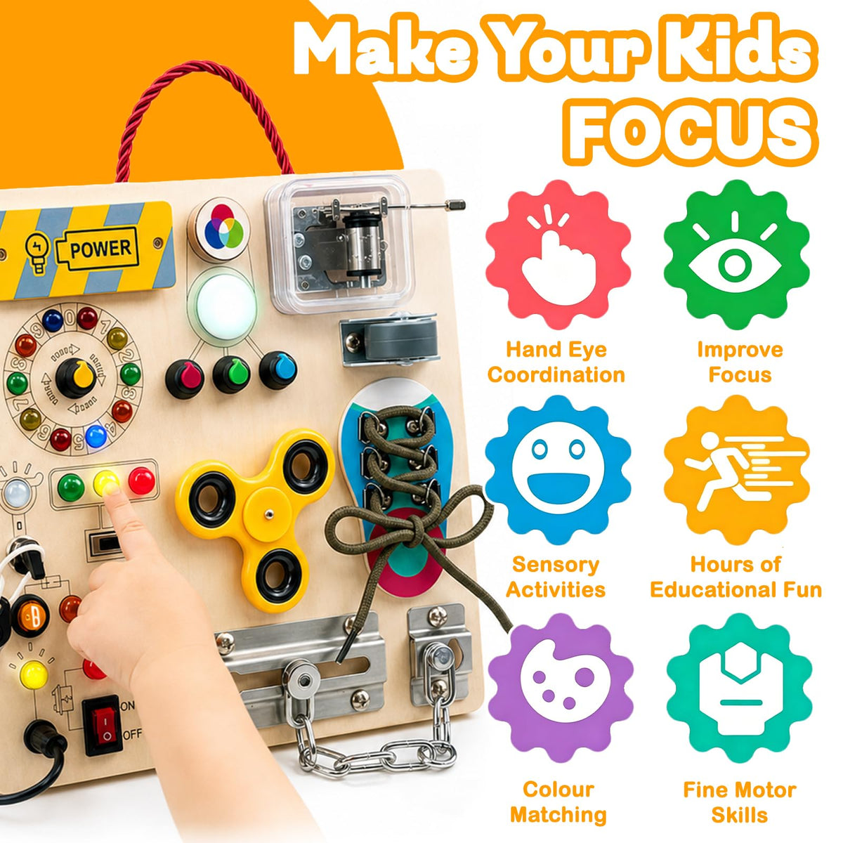 Busy Board with LED Light Switches, Montessori Toys for Toddlers 1-3, Wooden Sensory Activity Board, Travel Learning Toy for Boys & Girls, Educational Fidget Busy Board Gift for 1 2 3 Year Old Kids