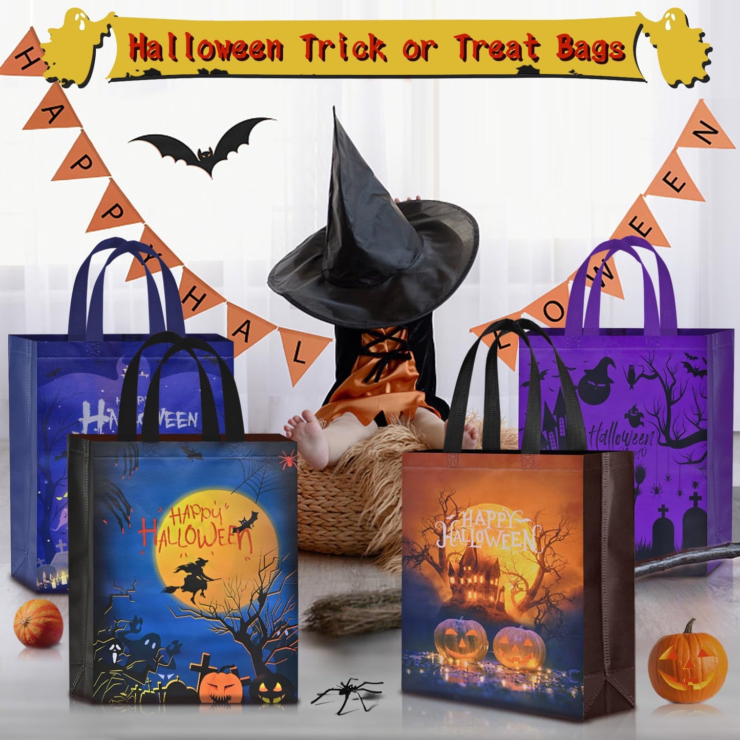 AhfuLife 6 Pcs Halloween Trick or Treat Bags, Large Candy Tote Bags with Handles, Reusable Non-Woven Gift Bag for Halloween Party Supplies Favors (15×11.8×3.9’’)