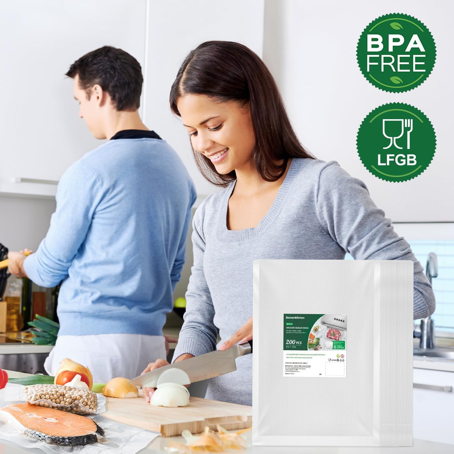 Bonsenkitchen Precut Vacuum Sealer Bags 200 Quart 8" x 12", BPA Free, Commercial Grade Textured Food Vacuum Sealer Bag, Thick Embossed Bags for Storage and Sous Vide Cooking VB3208