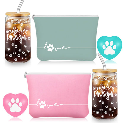Sliner 2 Sets Veterinary Receptionist Week Gift for Women Inspirational 16 oz Glass Cups with Lid Makeup Bag with Stress Toy Vet Tech Assistant Dog Lover Cat Groomer Gifts Must Haves (Fresh Color)