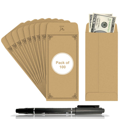 Envelex 100 Pack Brown Cash Envelopes with Black Pen, 3.2" x 6.6" 130 GSM Paper Envelopes with Gummed Flap for Seed Packets, Key Envelopes, Jewelry, Ticket Envelope & Small Parts