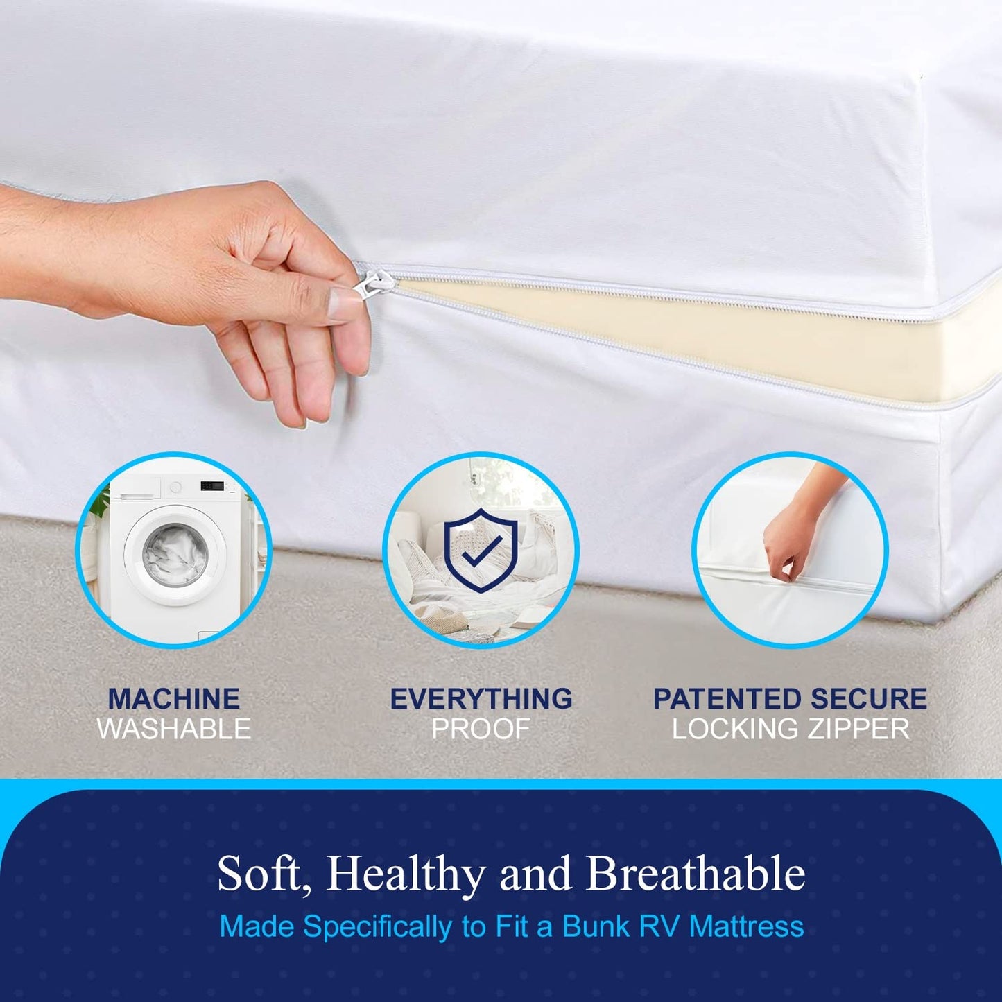 RV 6 Sided Zippered Mattress Protector with Secure Locking Zipper. Creates a Natural Seal Around Your Mattress from Dust, Pet Dander, Pollen, Liquids & More. Oeko-Tex Certified (38x75 Twin)