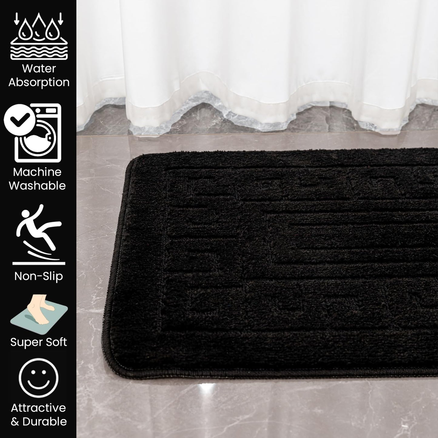 EDS Luxury 2 Piece Greek Bath Mat Set Non Slip Ultra Soft Bathroom Mats Water Absorbent Bath Mats Machine Washable Rug Toilet Mat for Bathroom Floor (Black)