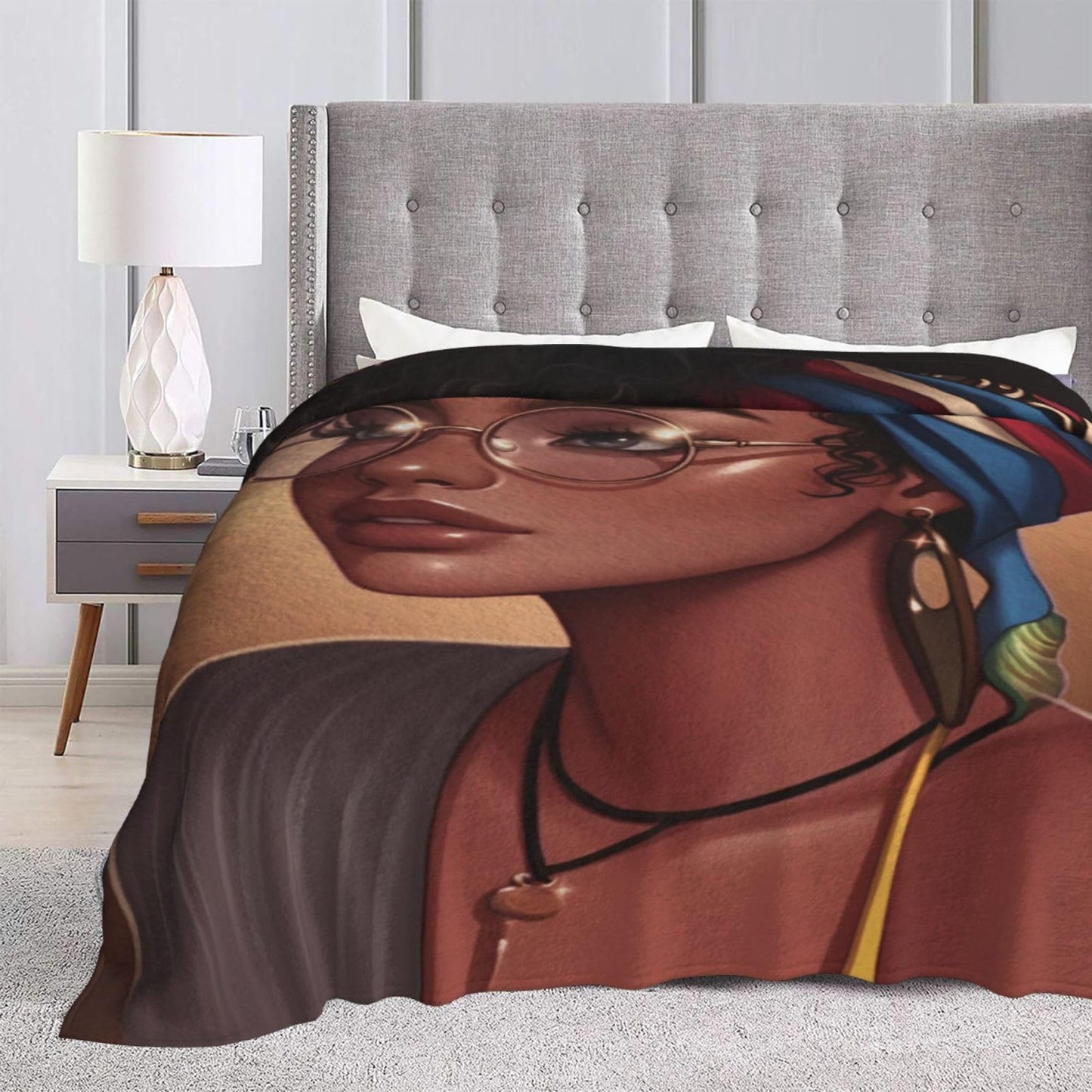 Perinsto African Black Girl Afro Woman Throw Blanket Ultra Soft Warm All Season Decorative Fleece Blankets for Bed Chair Car Sofa Couch Bedroom 50"X40"