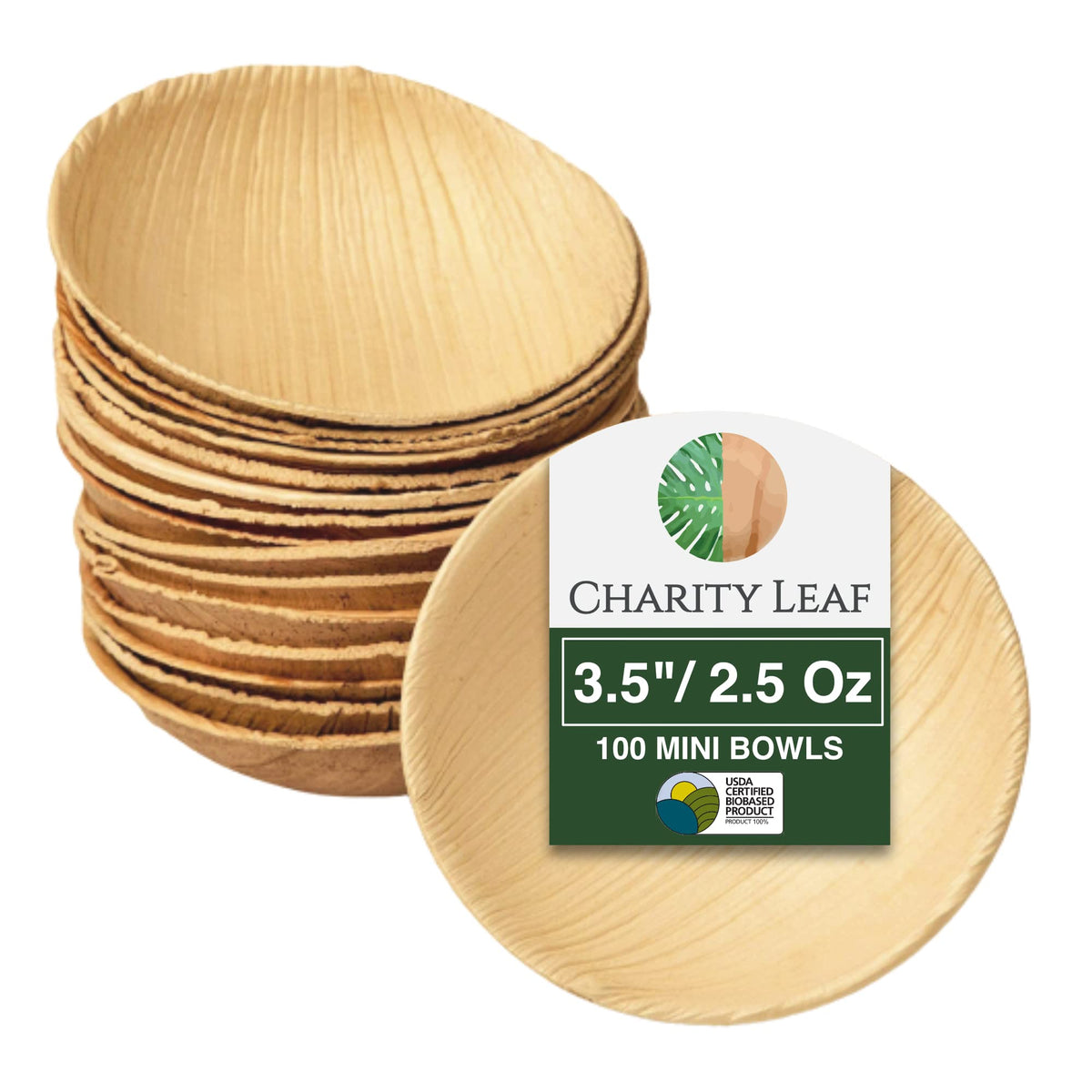 Charity Leaf Disposable Palm Leaf 3.5" Round Mini Bowl (100 pcs) Dipping Bowls | Bamboo Like| All Natural and Biodegradable | Charcuterie Boards, BBQs, and Parties