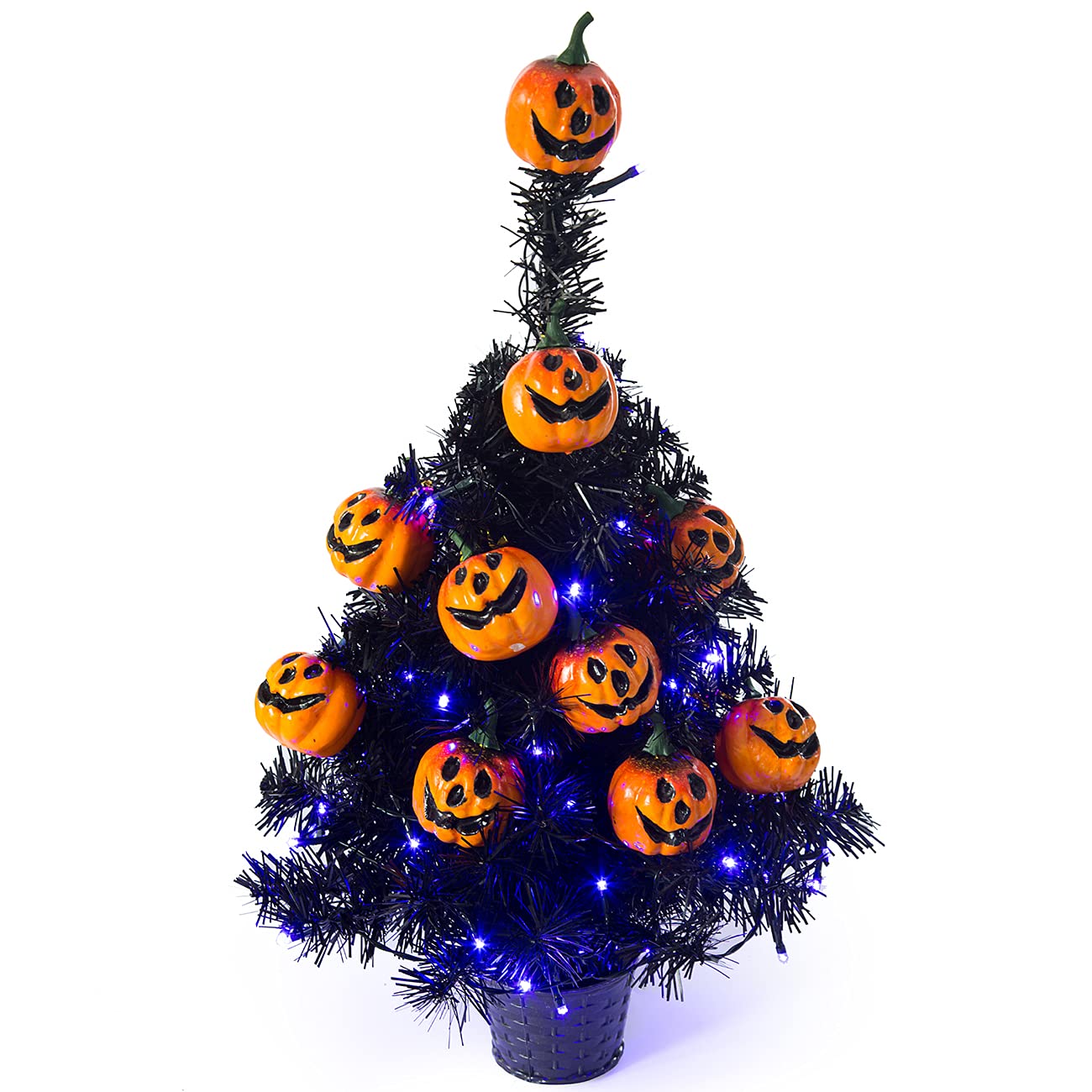 Sunnyglade 21.6” 30 LED Halloween Black Spooky Tree Glittered with Purple Lights & 12 Pumpkin Decorations,Battery Powered for Halloween Indoor Tabletop Decoration