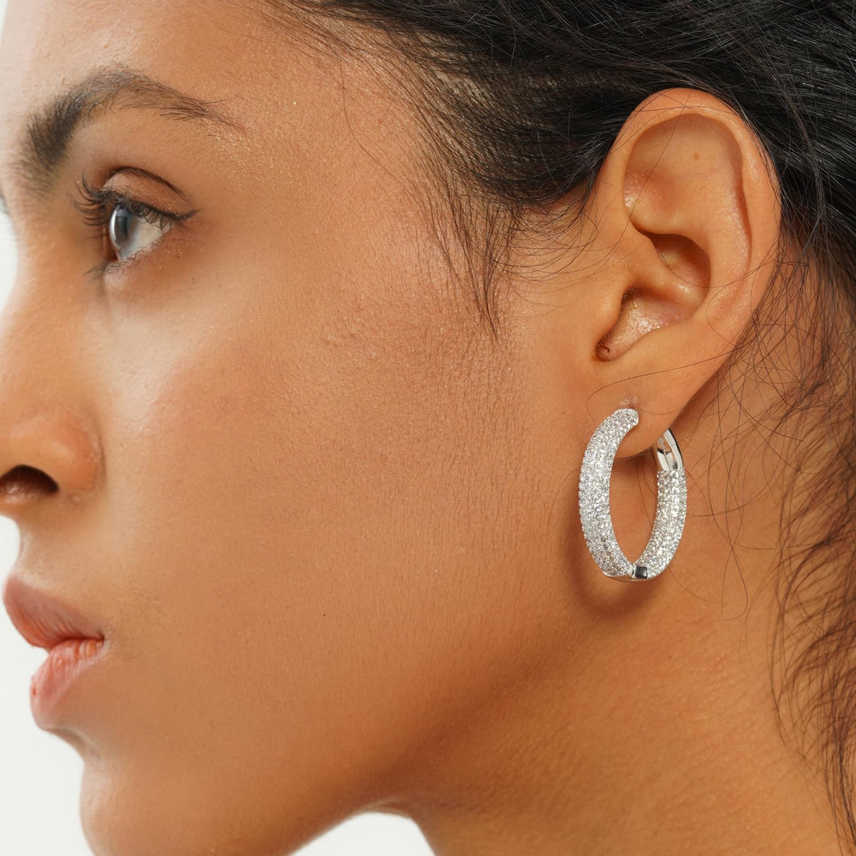 TOPGRILLZ Iced Out Hoop Earrings Cubic Zirconia Huggie Cartilage Cuff Hypoallergenic 14K Gold Plated Luxury Fashion Round Circle Earrings For Women-29mmSilver