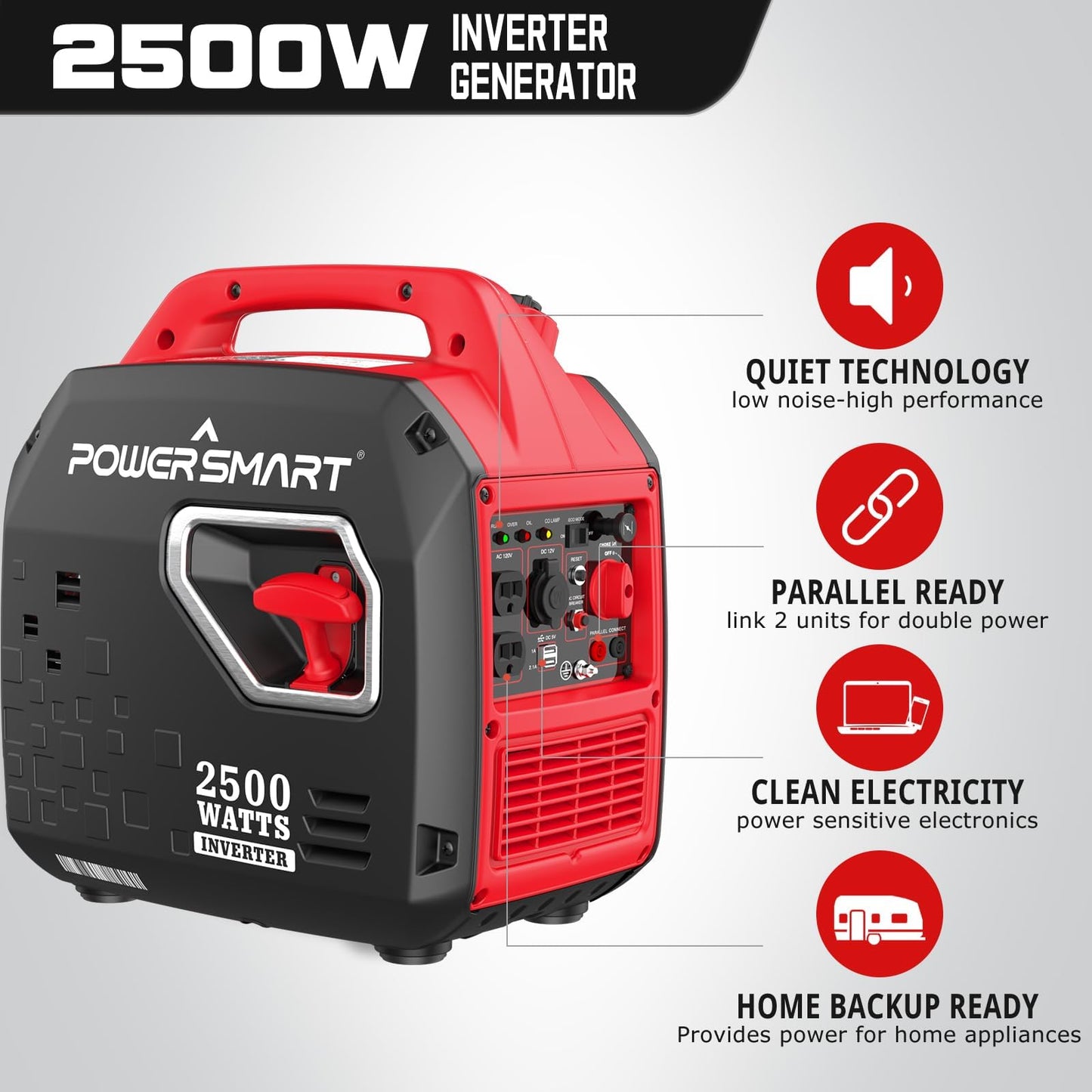 PowerSmart 2500 Watt Portable Inverter Generator with Electric Start, 30 Amp for Home Use and Emergency Backup, CO Protect, Super Quiet