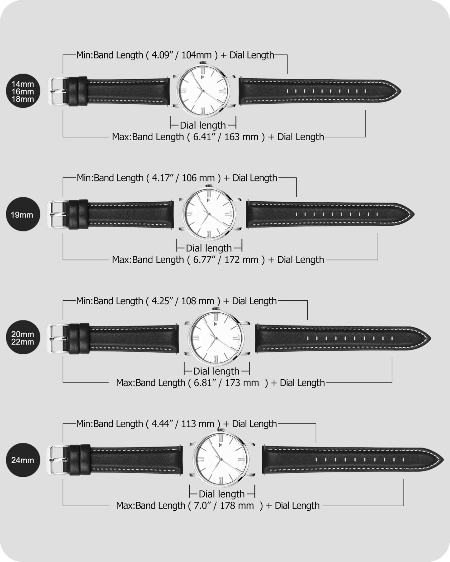 Fullmosa Watch Strap, Genuine Leather Watch Straps with Stainless Metal Clasp, Quick Release Replacement Bands, 14mm 16mm 18mm 19mm 20mm 22mm 24mm, Black