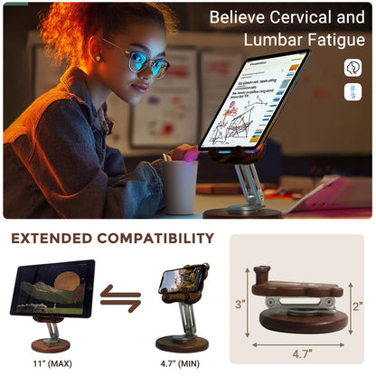 Agicogeo Hand-Inlaid Solid Wood Phone Stand for iPhone 16/Tablets - 360° Rotating Desk Organizer Holder with Artisan Carvings & Adjustable, Heavy Base Home Office Decor, Gift-Ready (Bear Cub)