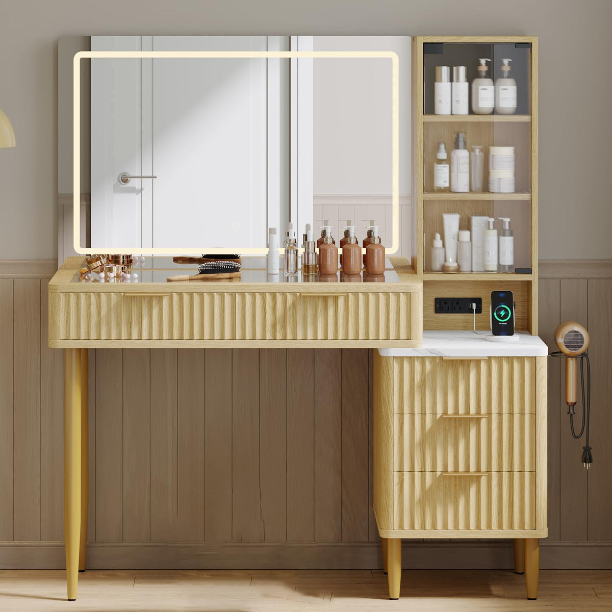 MilleLoom Makeup Vanity Desk with Lights, Fluted Wooden Dressing Table with 5 Drawers and Adjustable Shelves, Makeup Vanity Table Modern Glass Top with Charging Station for Bedroom (Oak)