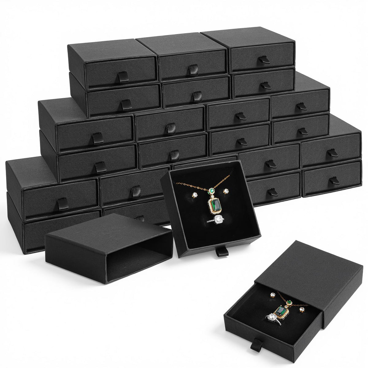 Tolare 24 Pack Small Cardboard Jewelry Gift Boxes Bulk, 3.54 x 3.54 x 1.18 Inch Drawer Style Boxes for Jewelry Packaging, Black Display Case for Necklaces, Rings, Earrings