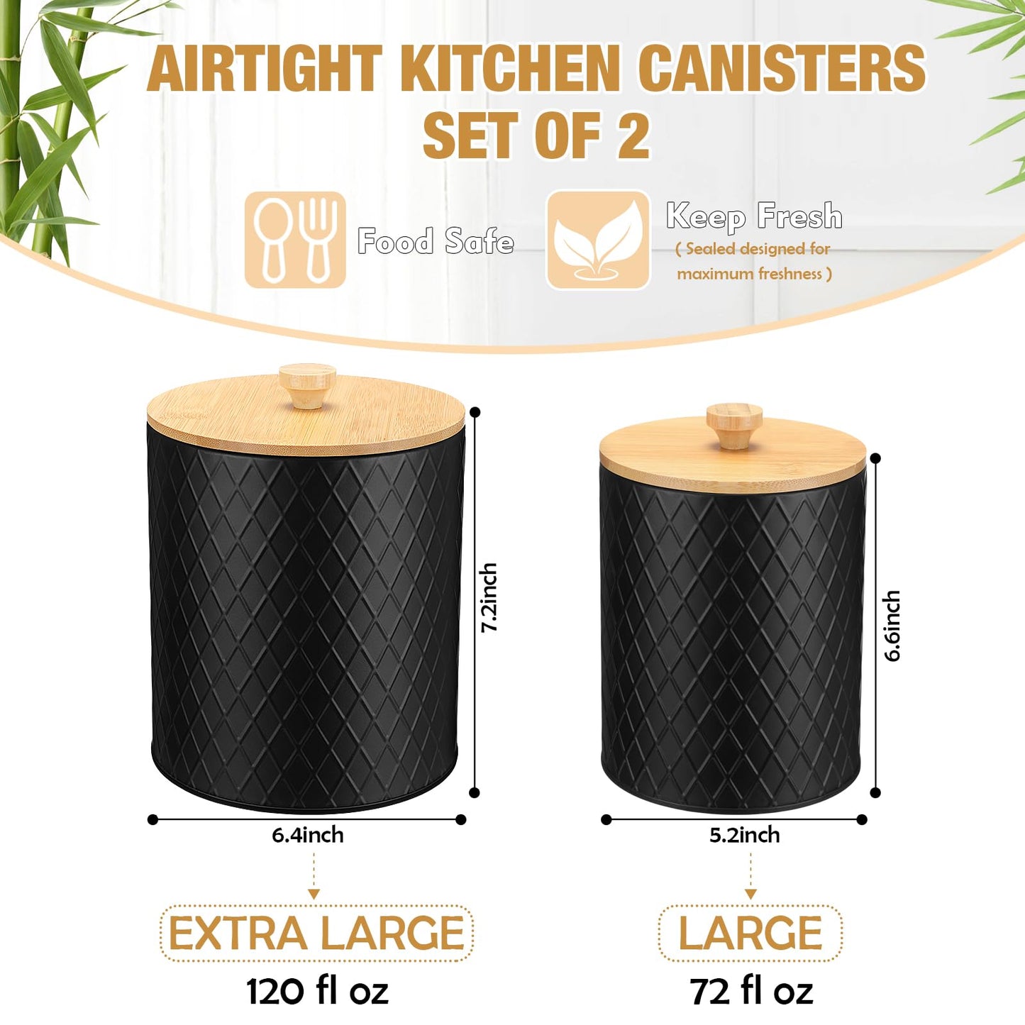 Reallnaive 2 Pcs Black Coffee Canister Set for Kitchen Countertop Bar Flour Sugar Tea Storage Container Farmhouse Metal Spice Jar with Airtight Bamboo Lid Spoon & Labels Housewarming Gift (2 Sizes)