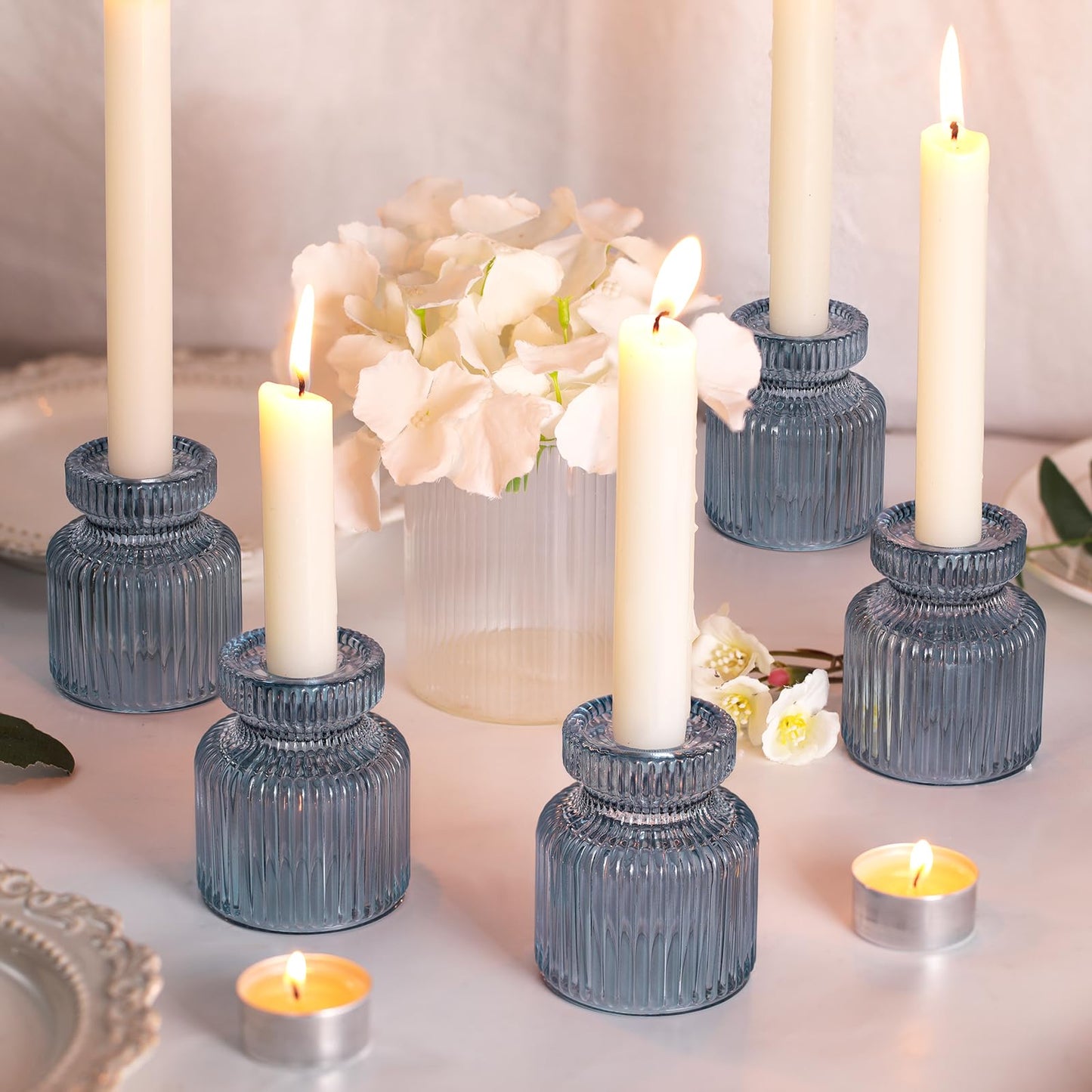 DARJEN 6 Pcs Blue Glass Candlestick Holders with Vertical Stripes - Irregular Shaped, Dual-Use for Taper Candles & Votive/Tea Lights, Candle Holders for Dining Table, Wedding, Party, Home, Gifts