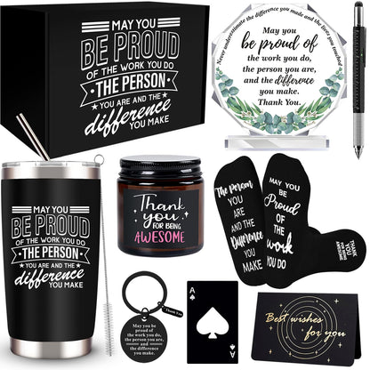 SIXVALA Employee Appreciation Gifts Set, Best Coworker Gifts for Men, 20 Oz Tumbler Thank You Gifts Basket with Scented Candle Socks Keychain Inspirational Acrylic Sign for Employee Teacher Professor