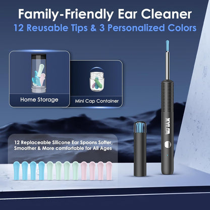 Xylla Ear Wax Removal Kit with 1920P HD Camera Wireless Otoscope Earwax Cleaner with 12 PCS Ear Spoons & 6 LED Lights Earwax Remover Tool Portable Type-C Rechargeable for iPhone iPad Android (Black)