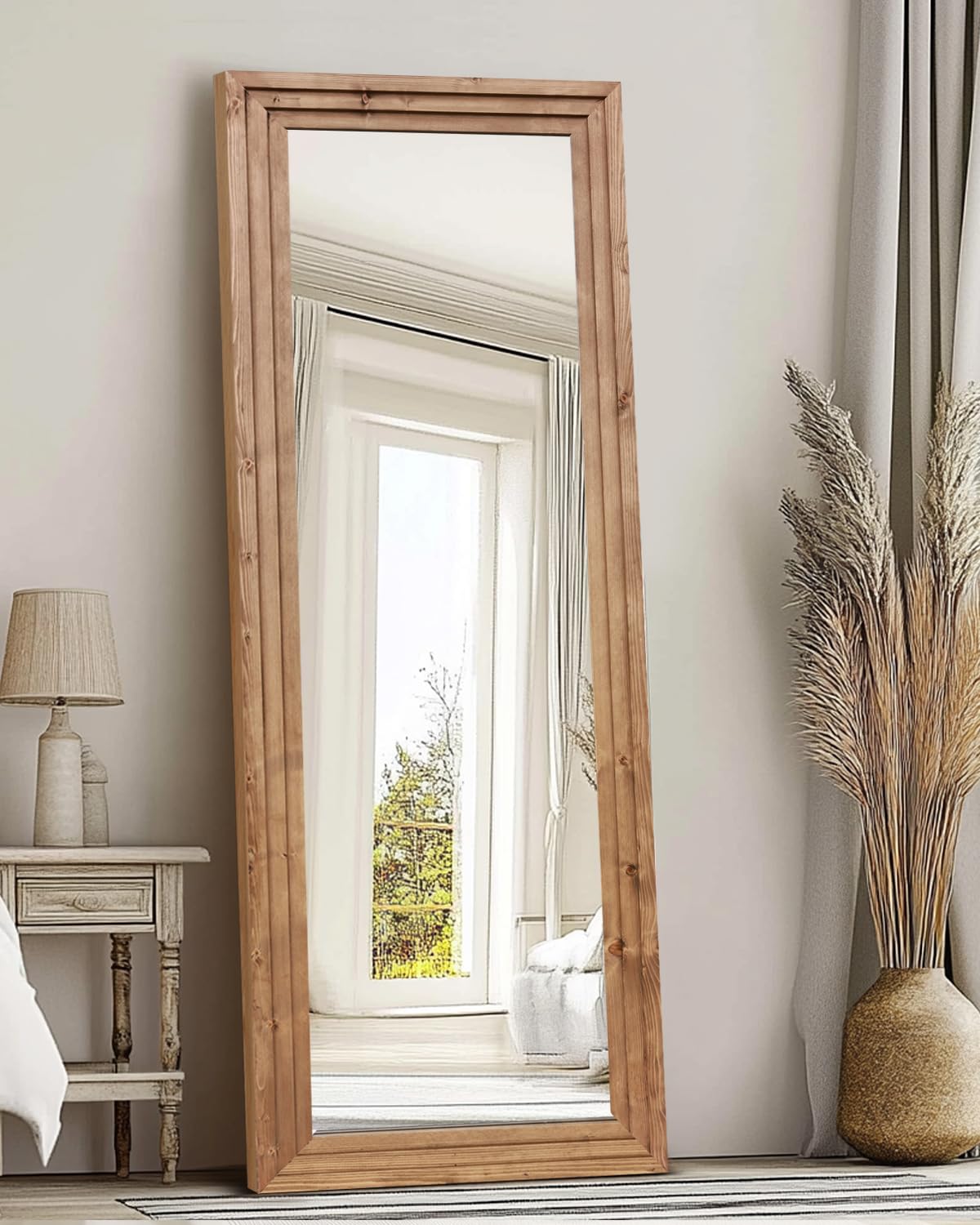 ABSWHLM Full Length Mirror 65"x24" Solid Wood Frame Floor Large Mirror for Living Room, Bedroom Hanging or Leaning Wall-Mounted, Light Brown