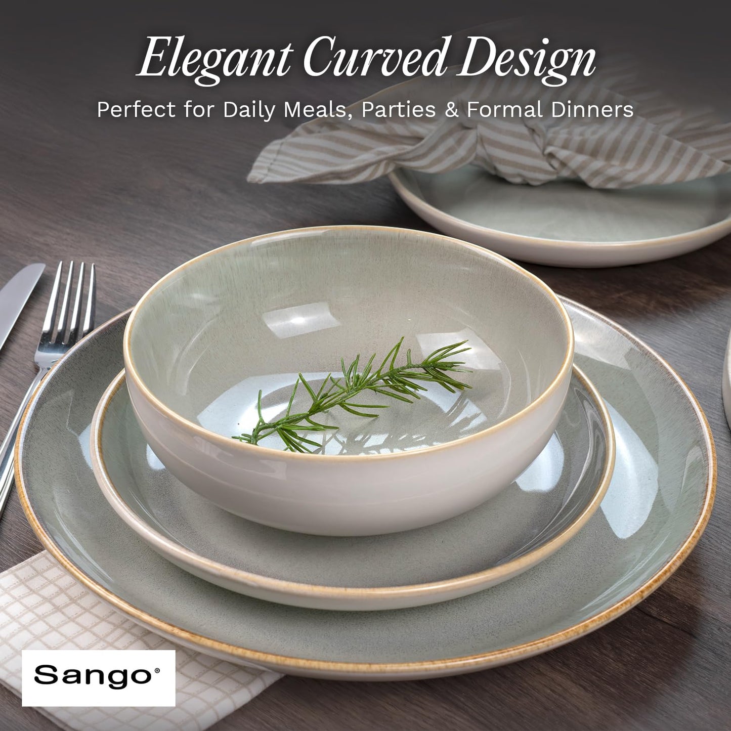 Sango 16-Piece Stoneware Dinnerware Set for 4, Glossy Cream/Green Big Dinner Plates and Bowls Sets with Reactive Glaze, Ceramic Dish Set, Modern Dishes, Microwave & Dishwasher Safe, Resona Moss
