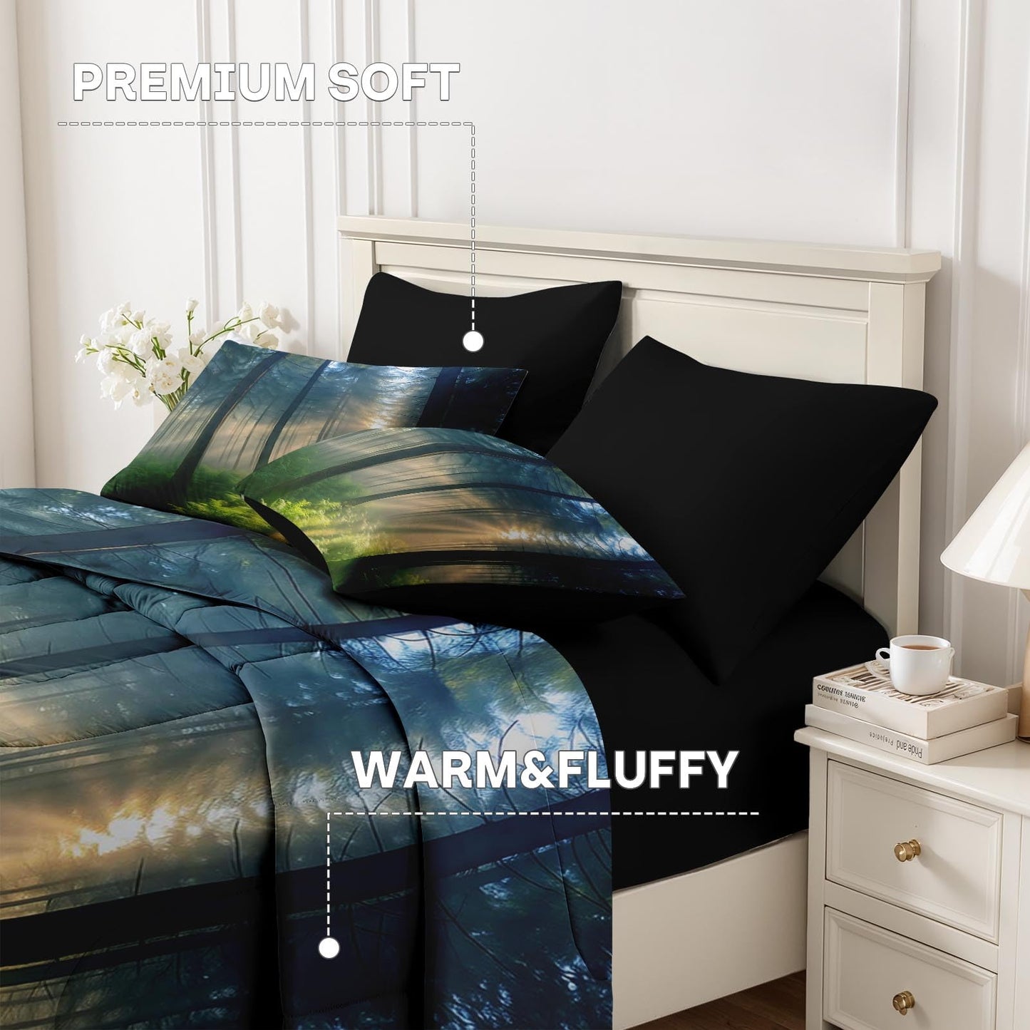 Nesker Comforter Set Queen Size, Sunlit Forest Nature 7 Pcs Bedding for Kids and Adults, Misty Tree Forest Bed Sheet Sets with Fitted Sheet 2 Pillowcases & 2 Shams