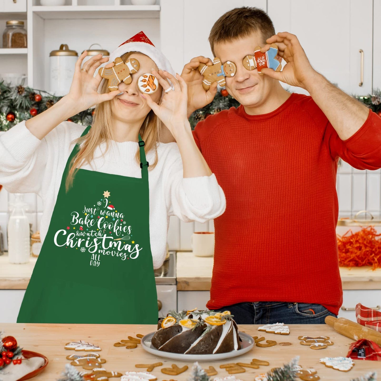 Funny Christmas Baking Apron for Women Men, Holiday Baking Gifts for Bakers, Green Xmas Kitchen Cooking Aprons with 2 Pockets, Cute Christmas Apron Gifts for Mom Wife Sister Husband Girlfriend