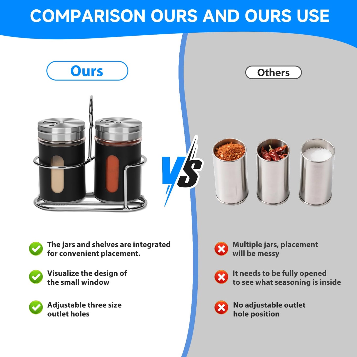Glass Salt and Pepper Shaker Set with Seasoning Rack, Spice Rack, Adjustable Pour Hole Stainless Steel Lid, 2.8 oz, Spice Dispenser for Salt, Pepper, Spice Preservation (black)