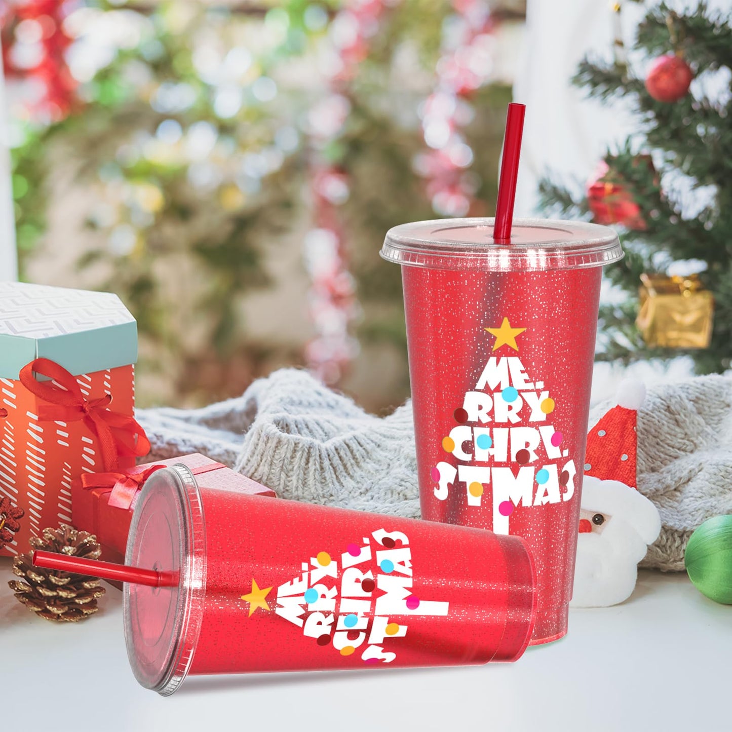 OZMOJOO Christmas Color Changing Cups with Lids and Straws, Reusable Tumblers for Cold Drinks, 5 Pack Holiday Gift Party Cups for Kids, Teens & Adults, 24 oz, Red