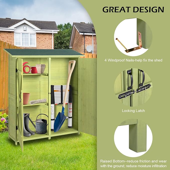 Outvita Outdoor Storage Cabinet with Waterproof Roof, Double Lockable Doors Garden Shed with 2 Removable Shelves, Wooden Storage Shed with Large Storage Space for Yard Garge Patio Deck Porch（Green）