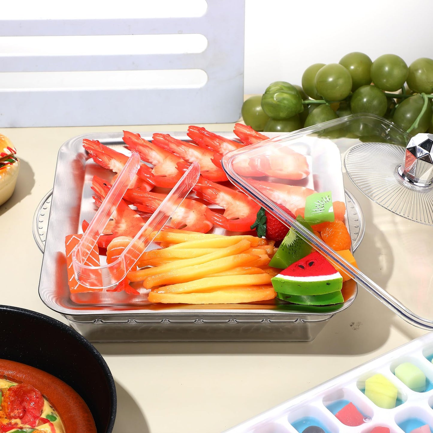Baderke 1 Set 9" Chilled Serving Tray for Parties with Compartments Ice Chilled Party Platter with Lid Tableware Charcuterie Serving Board for Fresh Food Fruit Seafood Vegetable Appetizer(Silver)