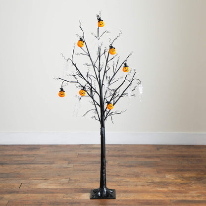 Nearly Natural 5ft Pre-Lit Halloween Pumpkins and Skulls Ornament Tree with 72 Warm White LED Lights