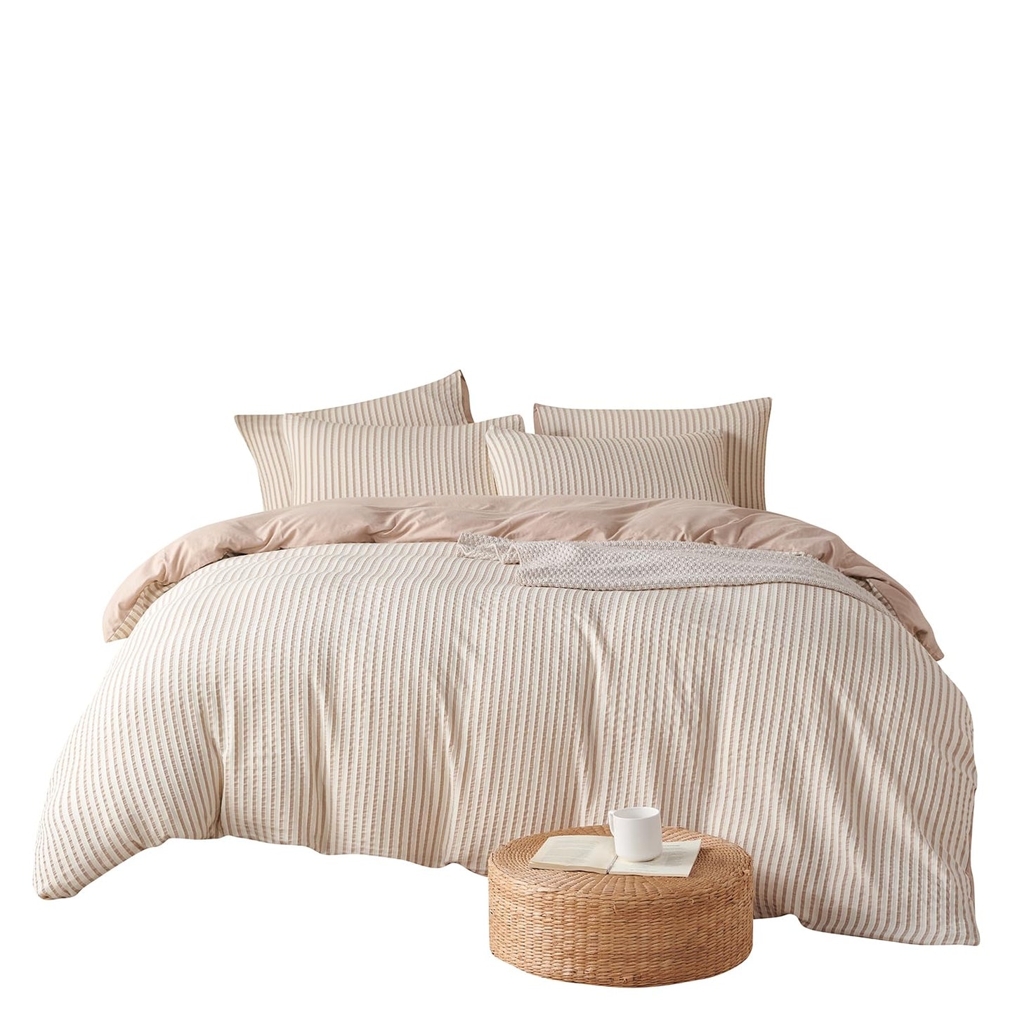 BUPIRD Queen Comforter Set Striped Beige 100% Soft Washed Microfiber Jacquard 3 Pieces Striped Bedding Sets Beige White Comforter for All Seasons and 2 Pillowcases Comfort Breathable