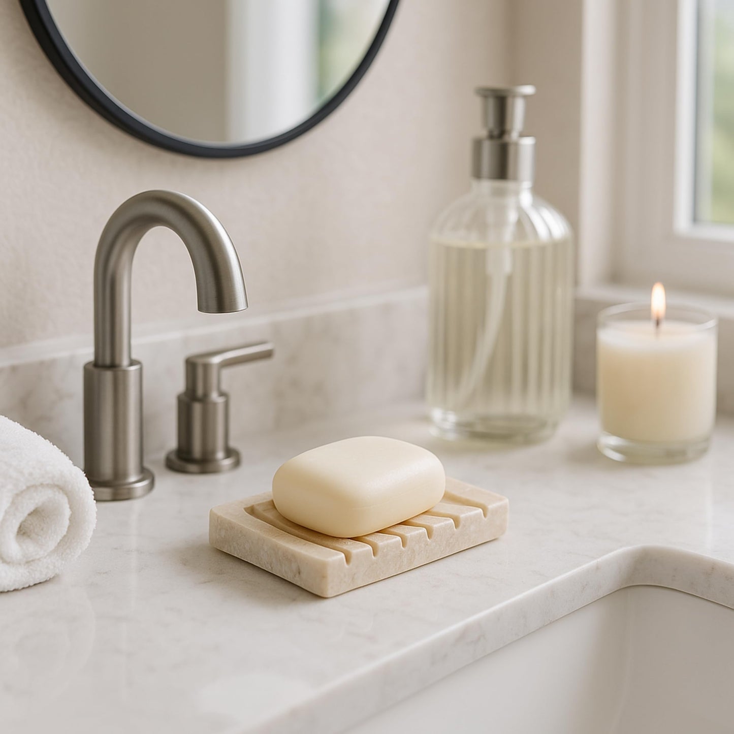 Creative Home Natural Marble Self-Draining Soap Dish Tray, Beige Holder
