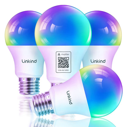 Linkind Matter Smart Light Bulb, WiFi Smart Bulbs, Work with Apple Home, Siri, Alexa, Google, SmartThings, RGBTW Color Changing Bulbs Mood Lighting, Music Sync, A19 E26 60W, 2.4Ghz WiFi 6 Pack