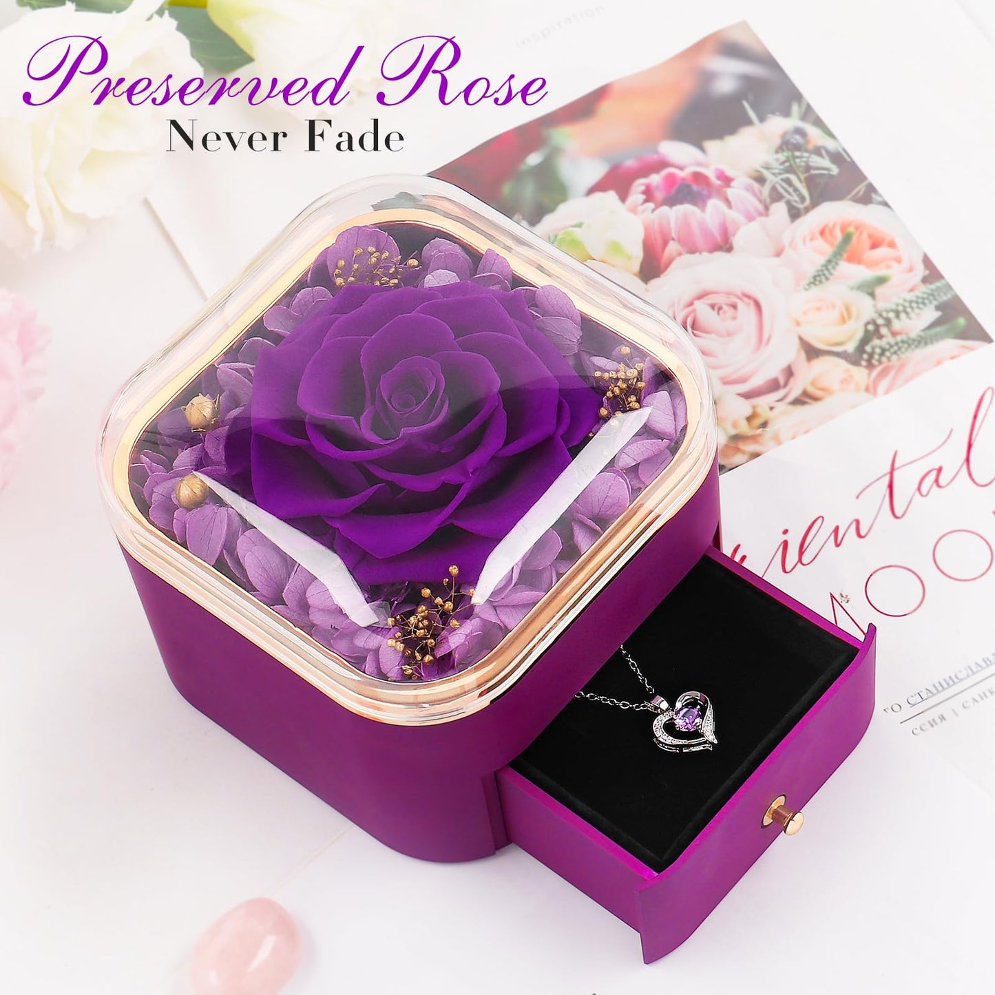 Beferr Valentines Day Gifts for Her Preserved Real Rose with Necklace Eternal Roses Forever Flowers for Delivery Prime Mothers Anniversary Birthday Gifts for Women Mom Grandma Wife Daughter Girlfriend