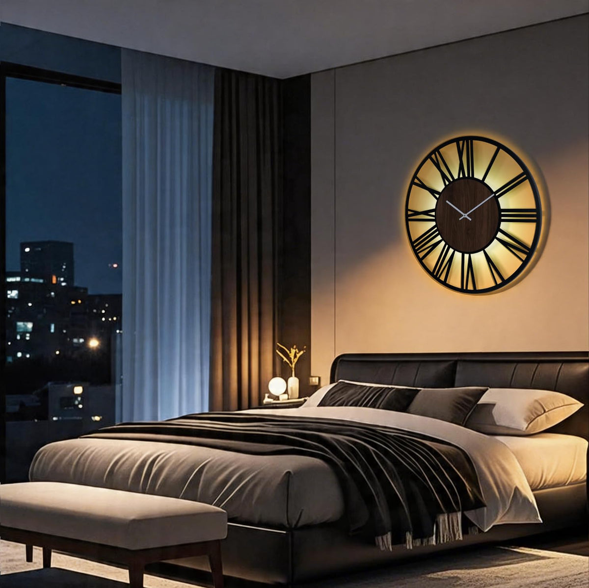 Jassurance Large Lighted Wood Wall Clock Remote Control, Roman Numeral Modern Decorative Clock with Silent Movement, Battery Operated Clocks for Living Room Decor