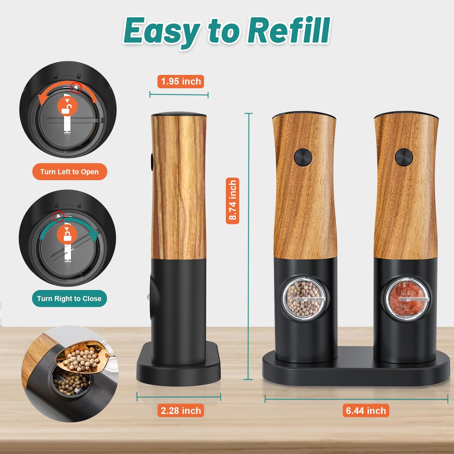Electric Salt and Pepper Grinder Set - Automatic Battery Powered Salt Grinder Salt and Pepper Shakers Set Electric with Auto Light Adjustable For Gravity Operated Wood Grain Peppercorn Mill