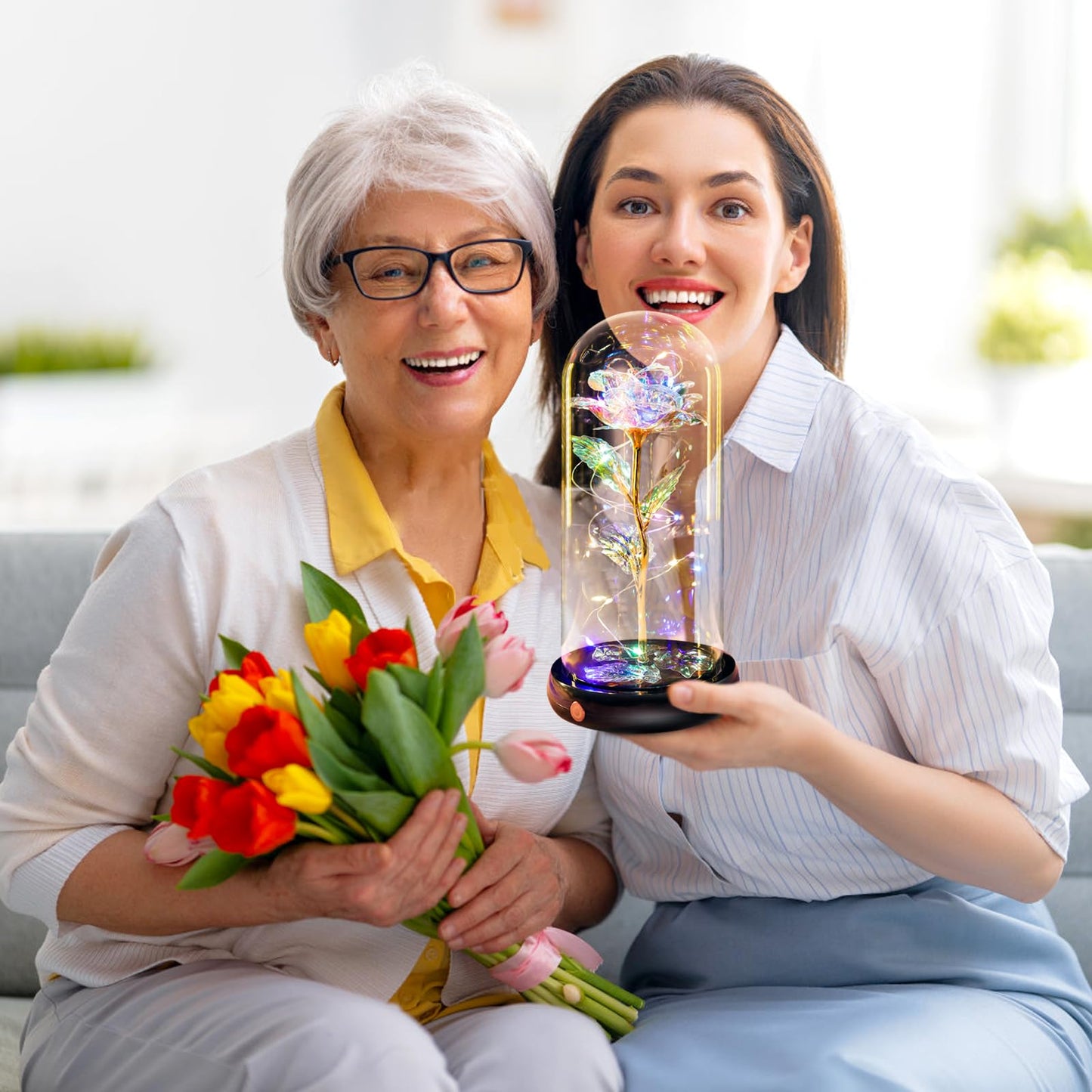 Mothers Day Flowers Gifts for Mom Women Birthday Gift, Rechargeable Galaxy Glass Rose in Glass Dome Forever Crystal Rose Anniversary Mother's Day Roses Gifts for Daughter Wife Women Grandma Rainbow