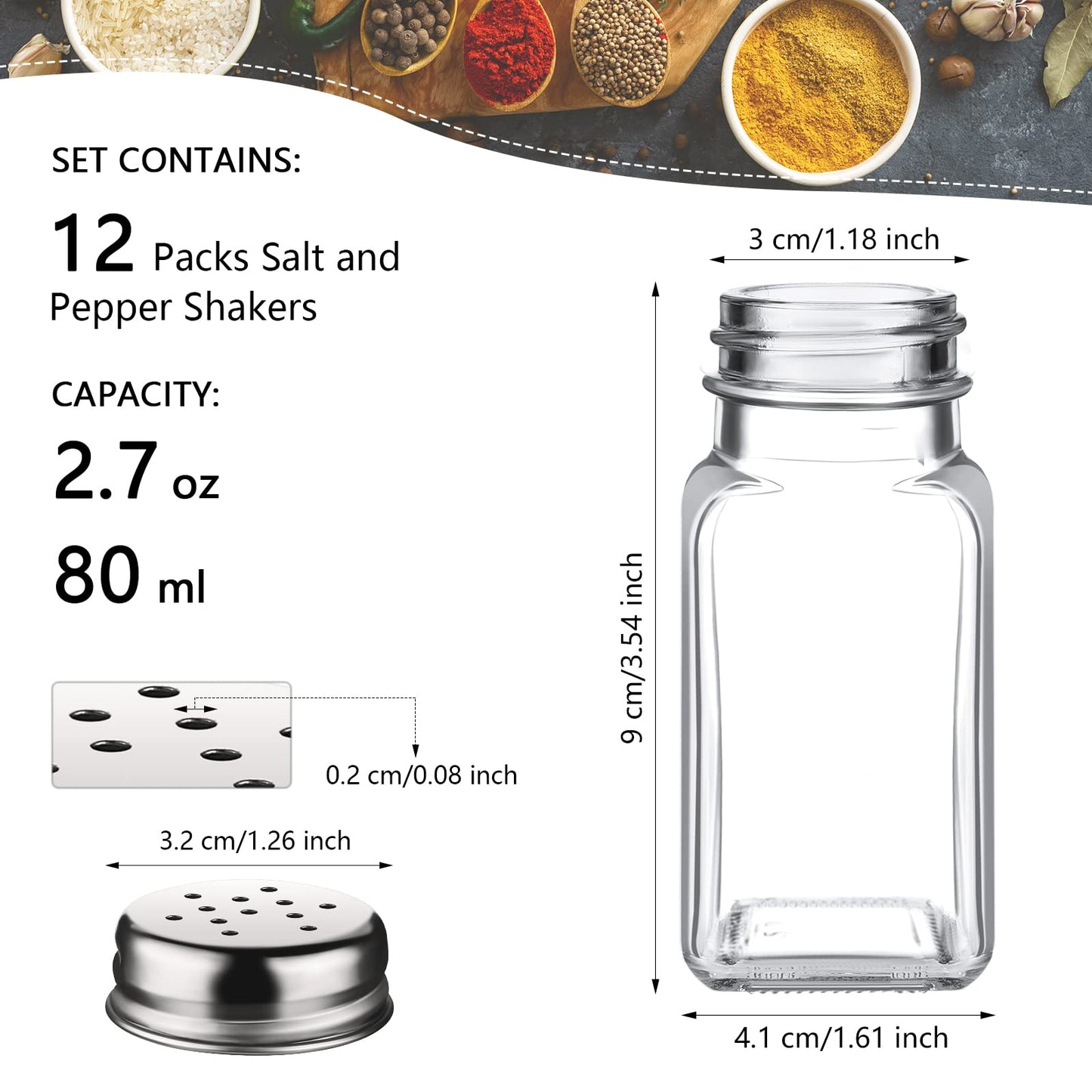 12 Pcs Salt and Pepper Shakers Set Clear Glass, Salt Shaker with Stainless Lid Spice Jars Kitchen Gadgets, Farmhouse Home Decoration Housewarming Gifts