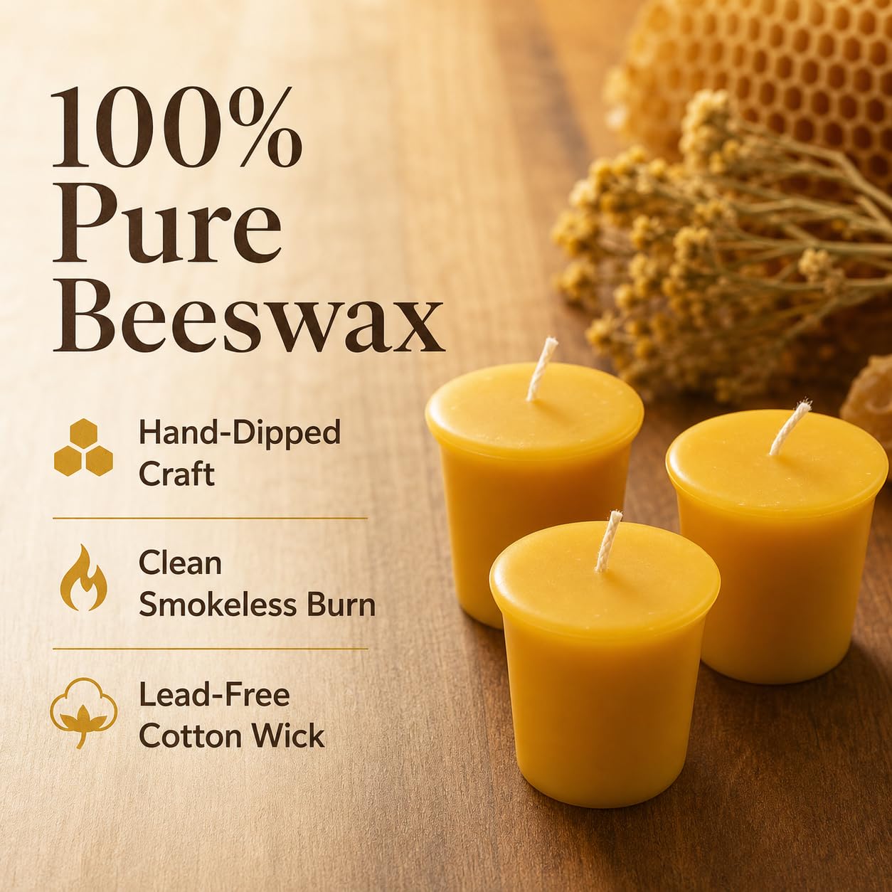6 Pack Beeswax Votive Candles 2x2 Inch, 10-Hour Burn Time (60 Hrs Total), Smokeless & Unscented 100% Pure Natural Wax Candles for Prayer, Home Decor, Emergency & Weddings