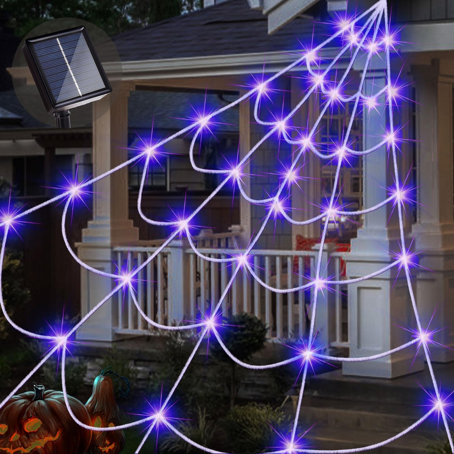 Outdoor Solar Powered Halloween Decorations Spider Web Lights, 14.8 x 16.4 FT Triangular White Spider Web with 135 LED Purple Lights, Large Size Solar Halloween Decor (Purple)